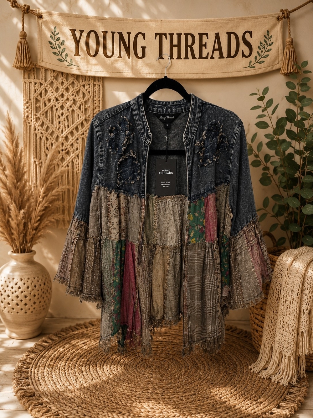 Young Threads Cropped Women's Multi-Color Patchwork Denim Ruffle Cardigan